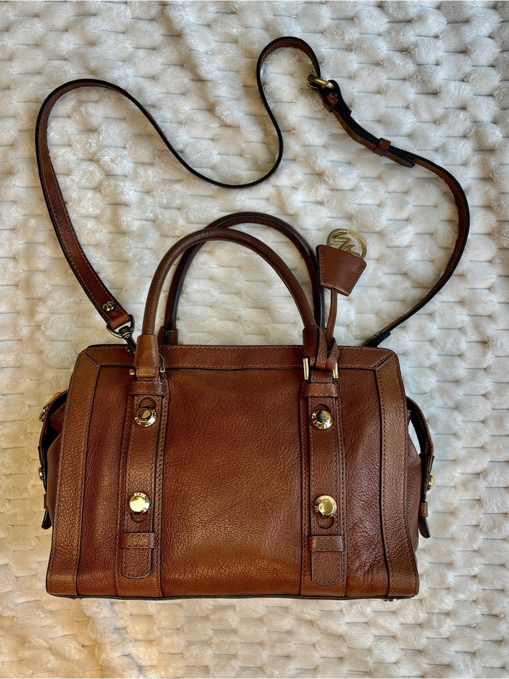 Michael Kors Chestnut Brown Pebbled Leather Satchel Crossbody Gold Hardware